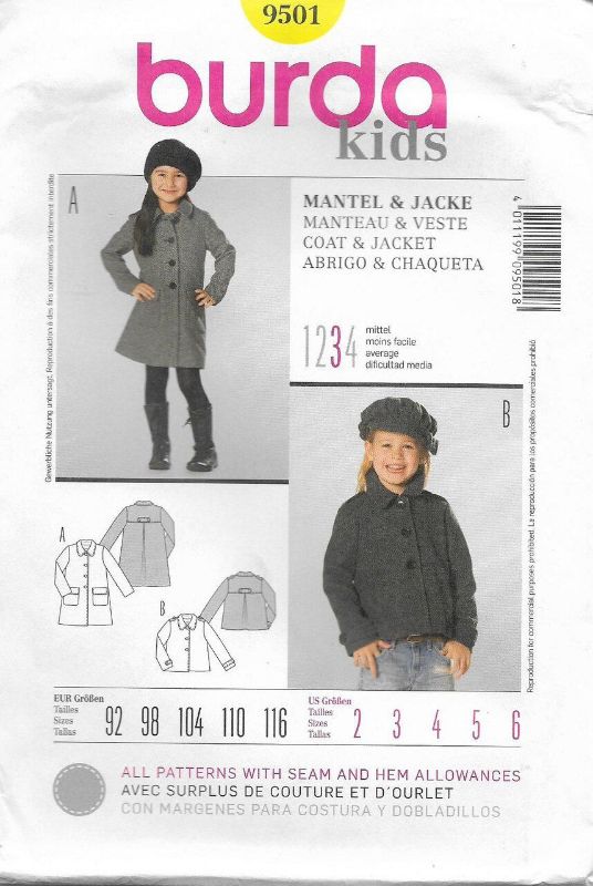 Picture of C343 BURDA 9501: GIRL'S COAT OR JACKET SIZE 2-6