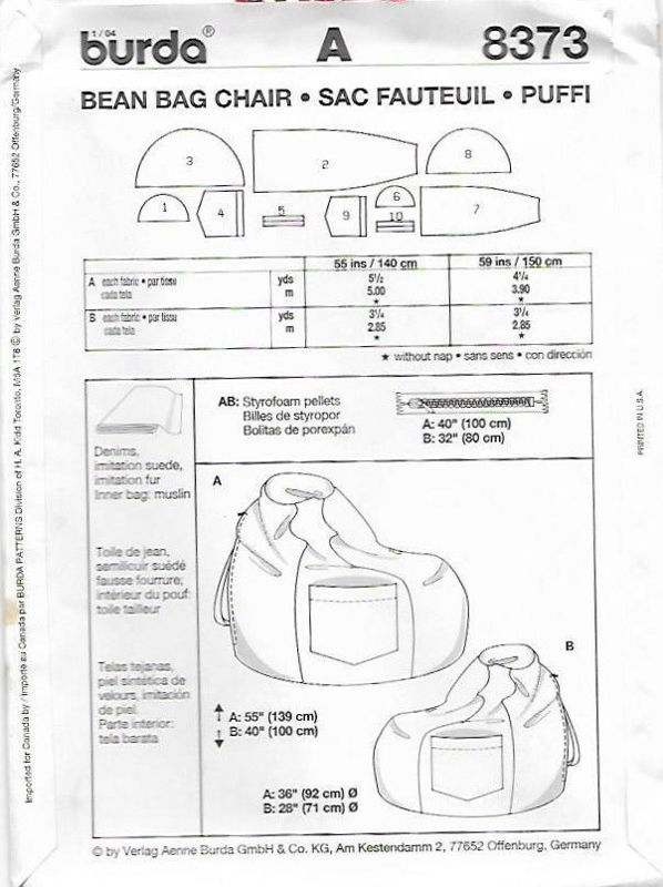 Budget Patterns. 22 BURDA 8373: BEAN BAG CHAIR