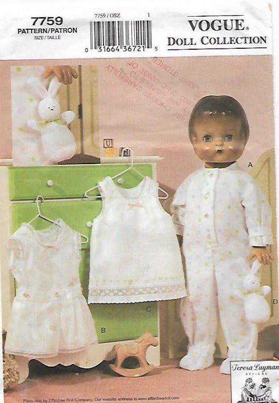Picture of C154 VOGUE 7759: DOLL'S PAJAMAS SIZE 18"or 46cm 