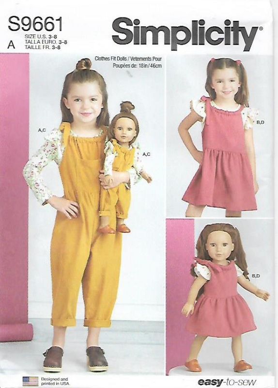 Picture of B163 SIMPLICITY S9661: KNIT TOP, OVERALLS & JUMPER & DOLLS CLOTHES SIZE 3-8