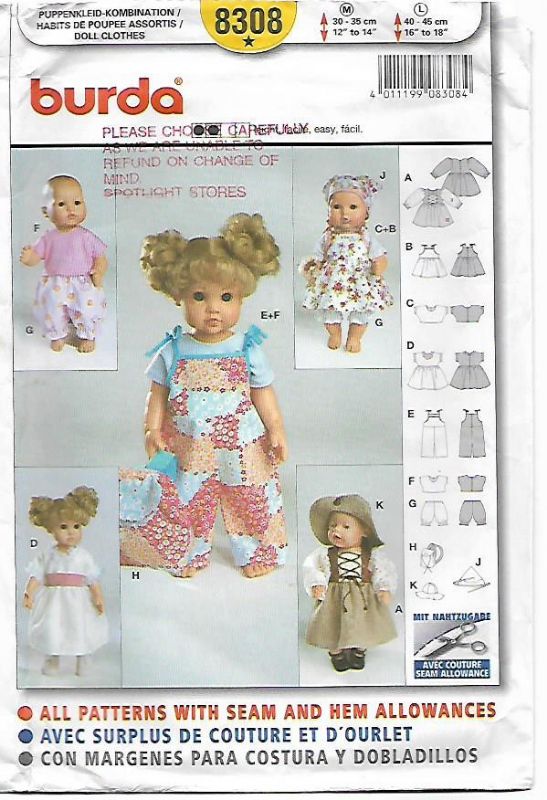 Picture of F11 BURDA 8308: DOLLS CLOTHES  SIZE 12- 18"